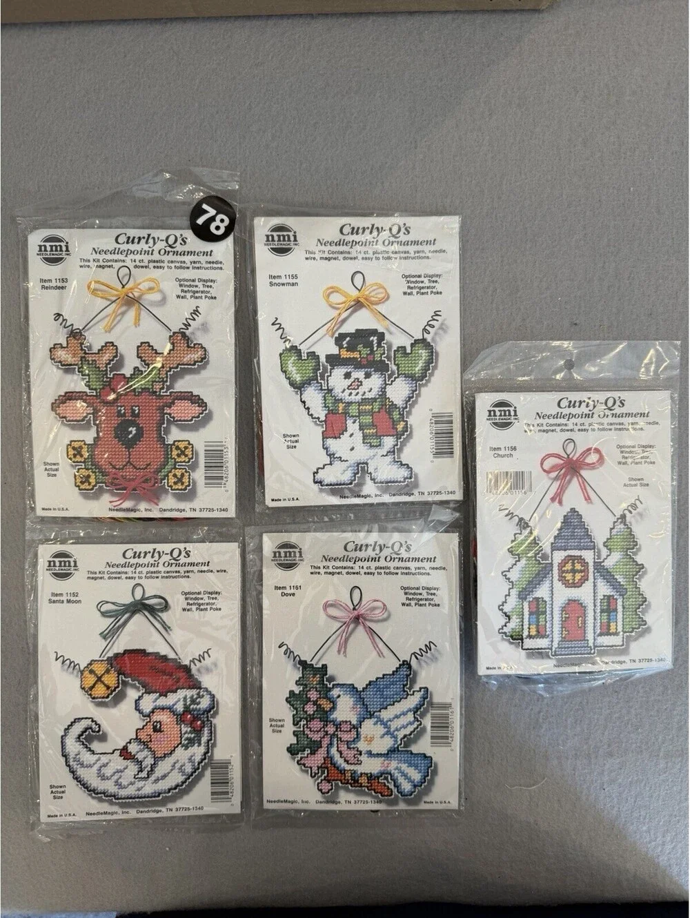 Curly-Q’s Needlepoint Ornament Kits Plastic Canvas Set Of 5 New Sealed